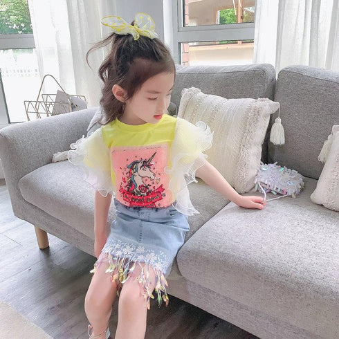 Girl's Summer Unicorn Top Tassel Denim Dress Set