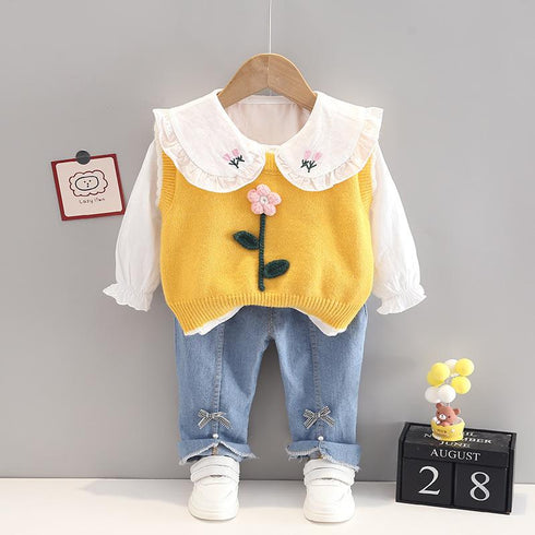 Girls Spring and Autumn Long Sleeve Three-Piece Set