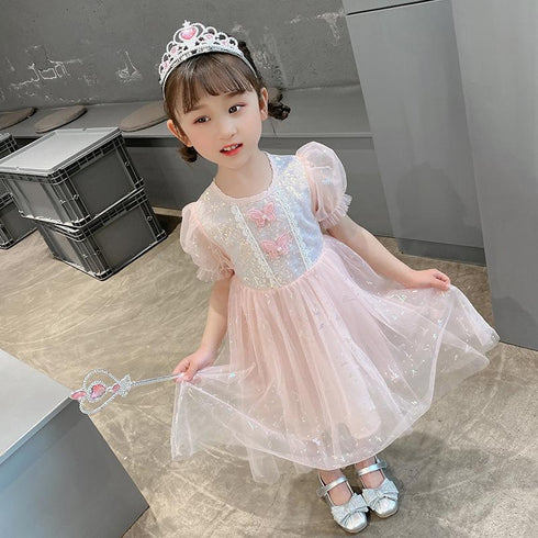 New Girl Pengpeng Princess Yarn Dress Girl Butterfly Shining Mesh Dress