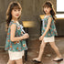 Girls Summer Broken Flower Bow Cotton Linen Vest Solid Color Shorts Two-piece Set