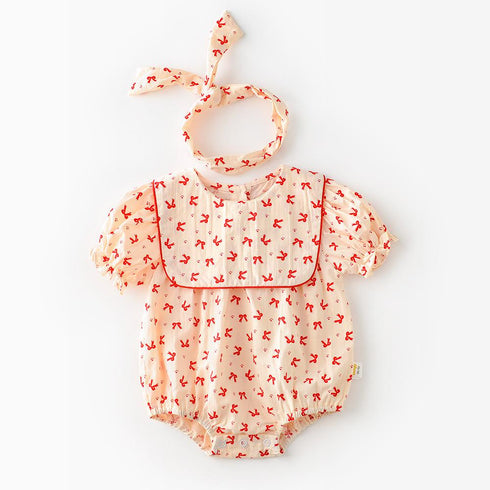 Bowknot Printed Large Lapel Bodysuit Hairband