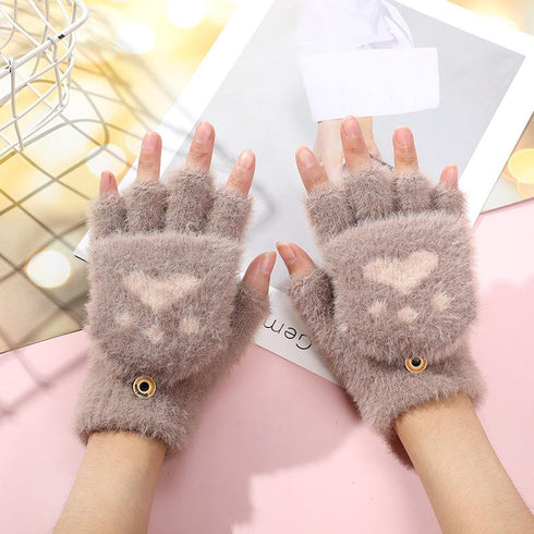 Bear's paw imitation mink cat's claw half finger flip writing warm gloves