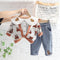 Girl Bear Lapel Shirt Long Sleeve Set Baby Girl Casual Cardigan Jeans Three Piece Set