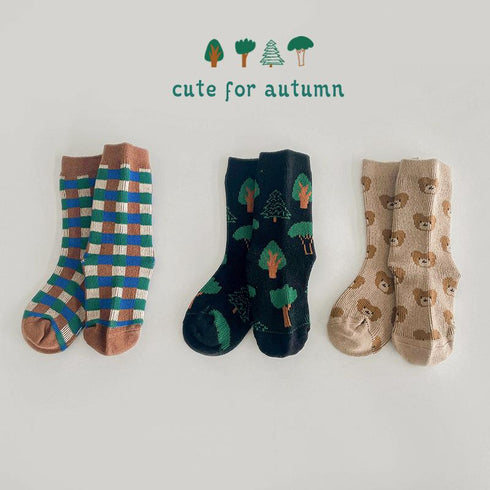 Baby spring and autumn bear plaid baby socks combed cotton socks