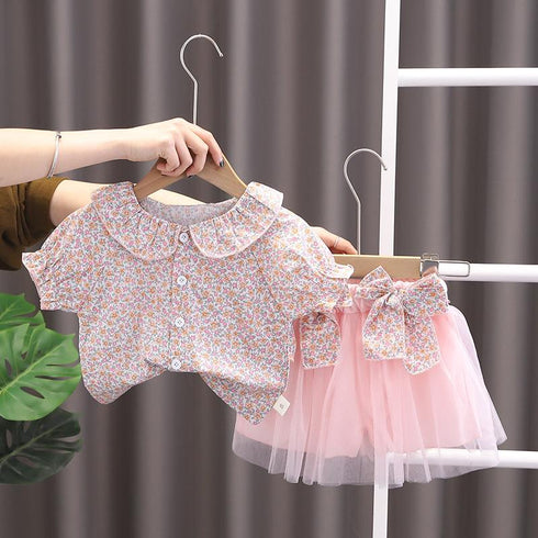 Round Neck T-Shirt Baby Short Sleeve Lady Gauze Skirt Two Piece Set