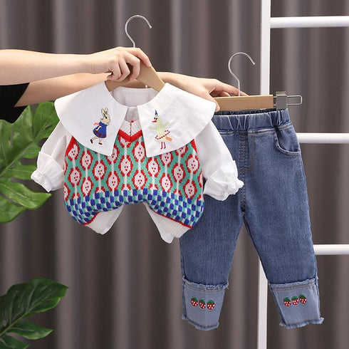 Girls lapel shirt long sleeve suit baby girl sweater waistcoat set of three