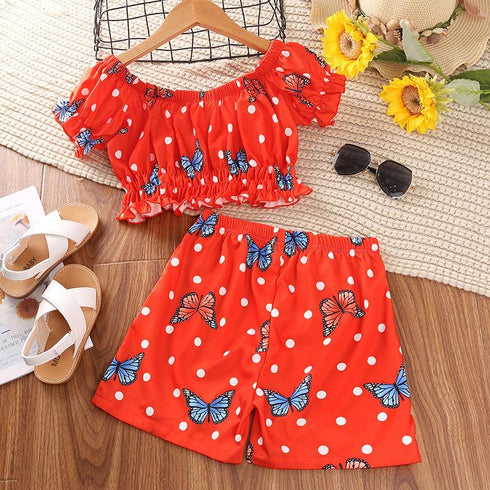 Girls' Off Shoulder Wave Point Butterfly Short Sleeved Top And Shorts Two-piece Set