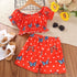 Girls' Off Shoulder Wave Point Butterfly Short Sleeved Top And Shorts Two-piece Set