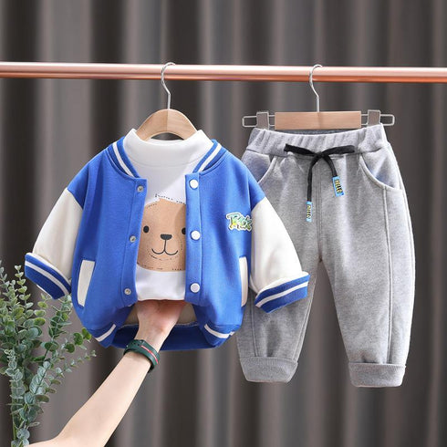 Boys winter plus velvet baseball suit sports pants set of three