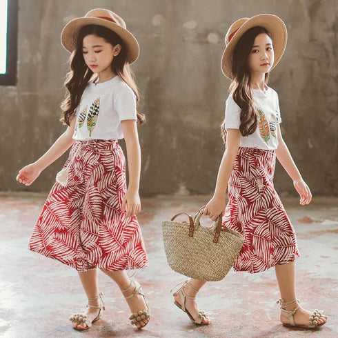 Girls Summer Leaf Graffiti T-shirt Lace Up Wide Leg Pants Two Piece Set
