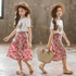 Girls Summer Leaf Graffiti T-shirt Lace Up Wide Leg Pants Two Piece Set