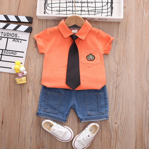 Children's Chest Pocket Shirt Jeans Two Piece Set