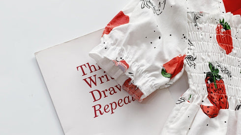 Girls Dress 2022 Summer New Girls Strawberry Print Dress Bow Princess Dress