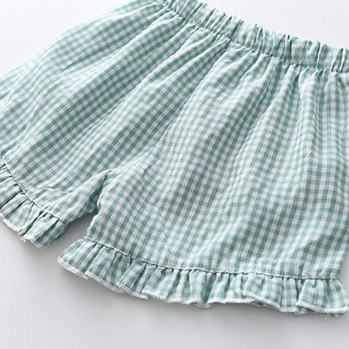 Summer Girls Ruffled Plaid Suspender Shorts Set