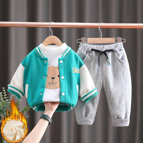 Boys winter plus velvet baseball suit sports pants set of three