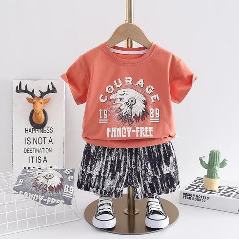 Handsome Round Neck Short Sleeve Suit Boys' Casual Shorts Two Piece Set