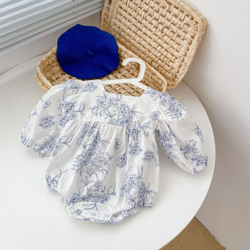 Square collar green flower printed long sleeve ha triangle jumpsuit climbing suit