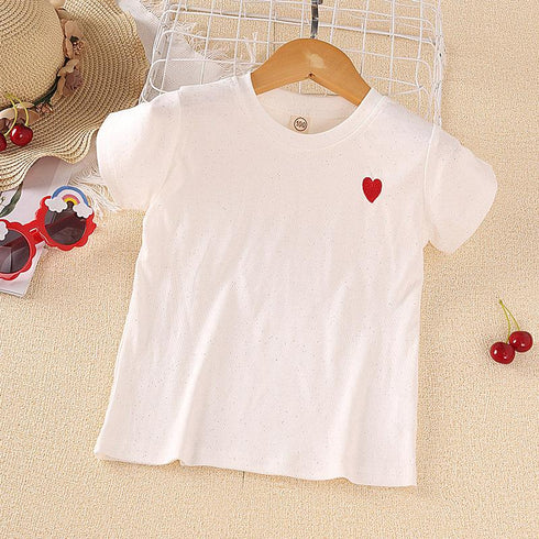 Girls Summer Hollow Out Love Short Sleeve Wave Point Cake Skirt Two-piece Set