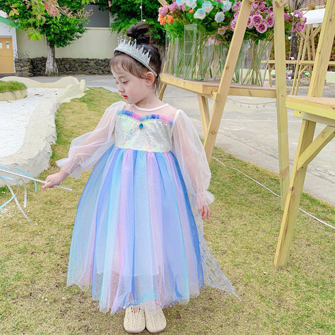 Girl's Spring And Autumn Long Sleeve Mesh Gradient Rainbow Princess Dress