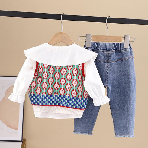 Spring and Autumn Shirt Long Sleeve Girls Knitted Sweater Vest Jeans Three-Piece Set