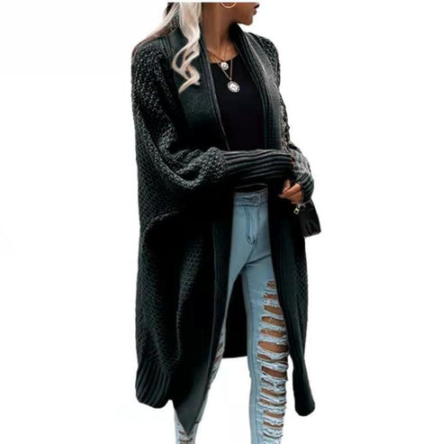 Fall winter lapel bat sleeve knit long sweater cardigan