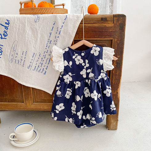 Cotton Large Flower-Print Flying Sleeve Triangle Ha Skirt Jumpsuit Climbing Clothing