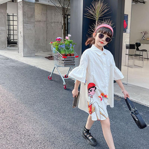 Girls' Graffiti Shirt Collar Lotus Leaf Sleeve Princess Skirt