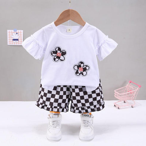 Round Neck Short Sleeve Suit Baby Casual Plaid Shorts Two-piece Set