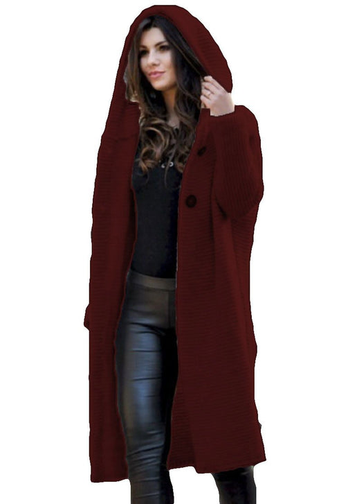 Autumn and winter solid color two-button knit sweater long hooded sweater coat