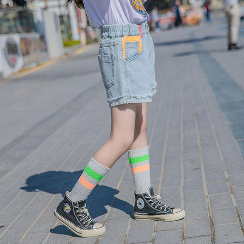 Girls' Color Blocking Cuffed Denim Shorts