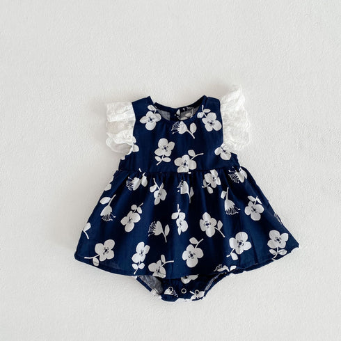 Cotton Large Flower-Print Flying Sleeve Triangle Ha Skirt Jumpsuit Climbing Clothing