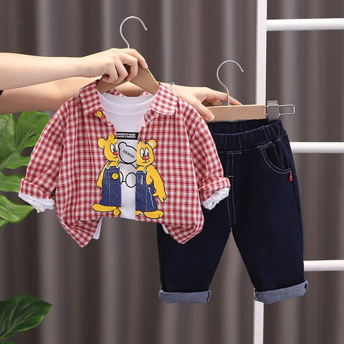 Spring and Autumn Boys Plaid Shirt Long Sleeve Three-Piece Set