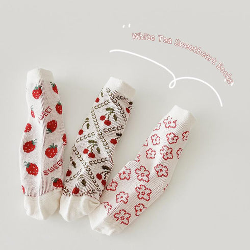 Strawberry flower girls socks double needle baby socks combed cotton(Three Pairs)