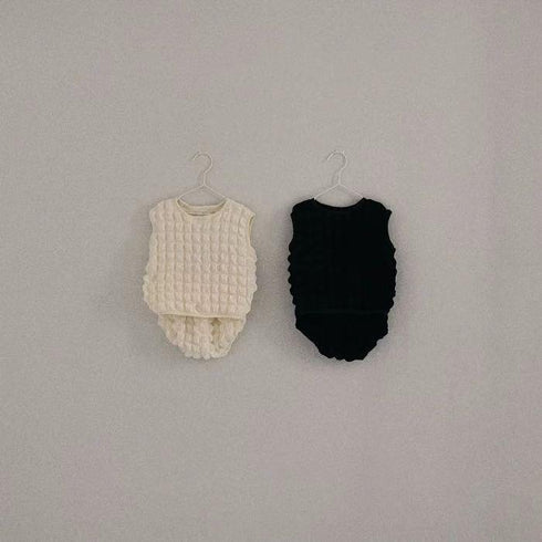 Cute Sleeveless Suit Bubble Lattice Three-dimensional Fluffy T-shirt Shorts
