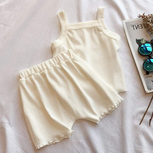 Girls Summer Wooden Ear Vest Shorts Set