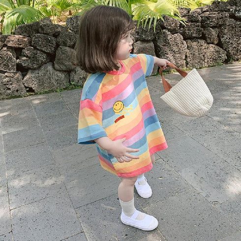 Girls Summer Long Rainbow Smiley Tee