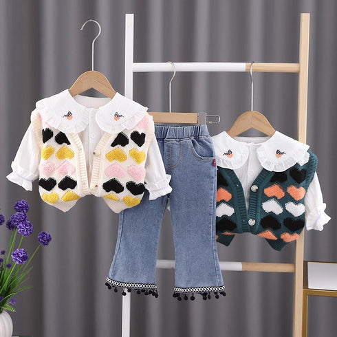 Spring and Autumn Girls Knitted Sweater Cardigan Shirt Jeans Three-Piece Set