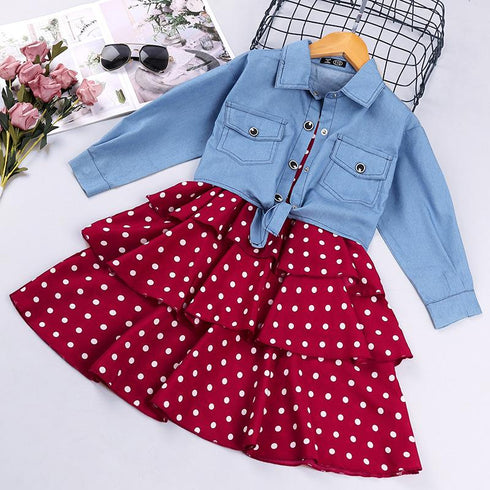 Girls Spring and Autumn Long Sleeve Denim Jacket Sling Skirt Two-Piece Set