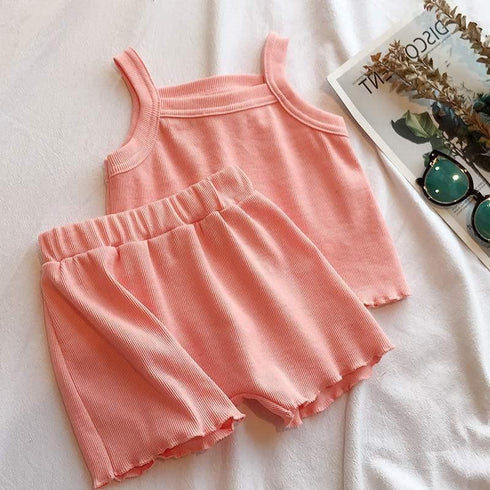 Girls Summer Wooden Ear Vest Shorts Set