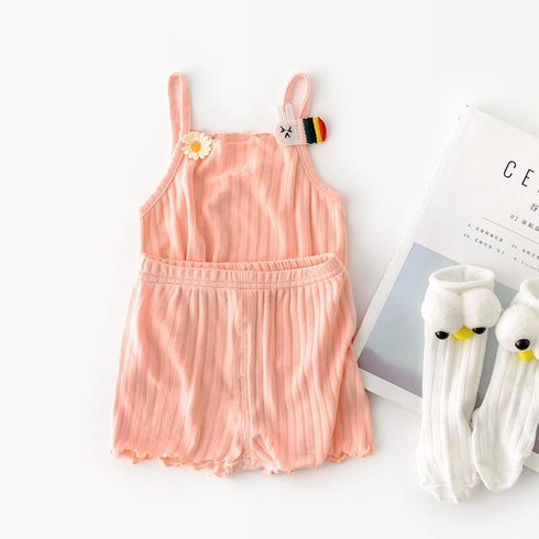 Little Fresh Daisy Rainbow Rabbit Suspender Top + Shorts Cute Two Piece Set