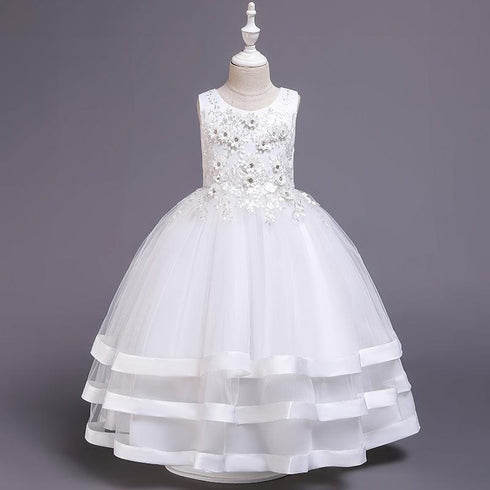 Flower Princess Dress Lace Beaded Multi-Layer Satin