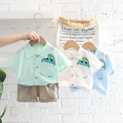 Summer Casual Pocket Dinosaur Shirt Short Sleeve Shorts Two Piece Set