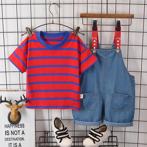 Boy's and girl's striped T-shirt short sleeve denim braces two-piece set