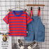 Boy's and girl's striped T-shirt short sleeve denim braces two-piece set