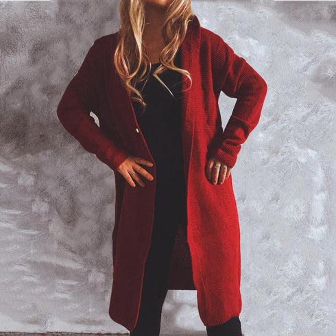 Autumn and winter solid color long sleeve hooded knitted cardigan
