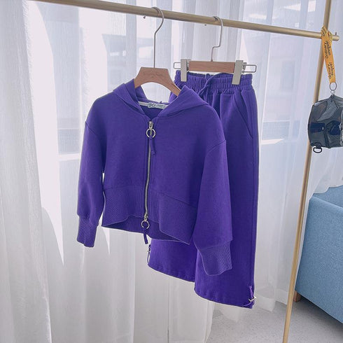 Girls Spring And Autumn Hooded Cardigan Sweater Suit