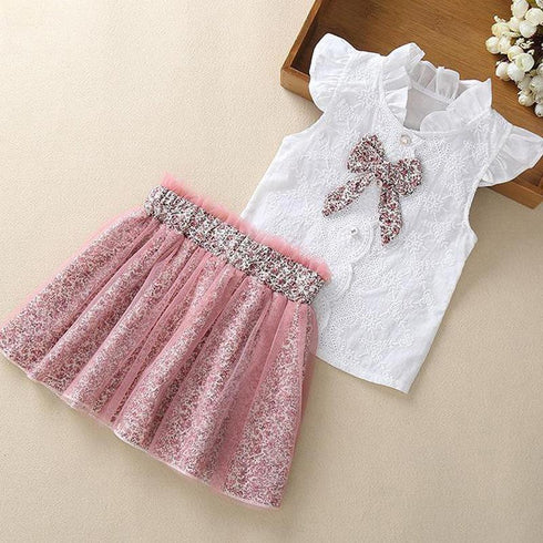 Summer Girl's Bow Shirt Mesh Dress Set