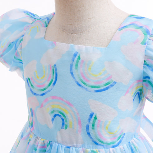 Girl's Bubble Sleeve Dress Rainbow Print Paggy Dress Children's Wear