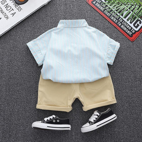 Summer boys solid color striped lapel two-piece set