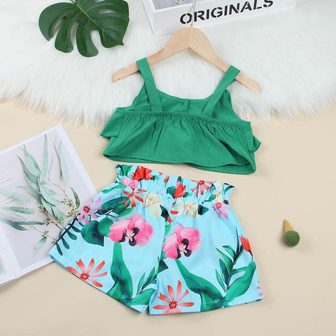 Summer girls suspender top shorts two-piece set